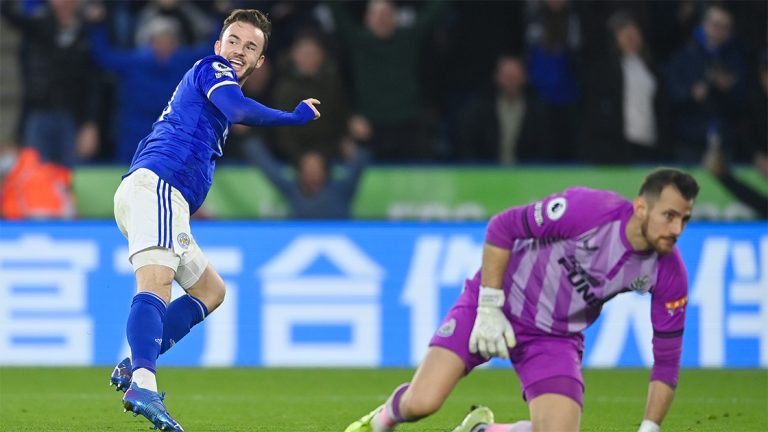 james maddison celebrating leicester dubravka newcastle united nufc 1120 768x432 1