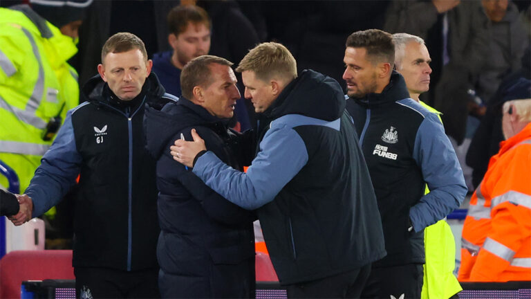 eddie howe brendan rogers leicester manager sideline end of game newcastle united nufc 1120 768x432 1
